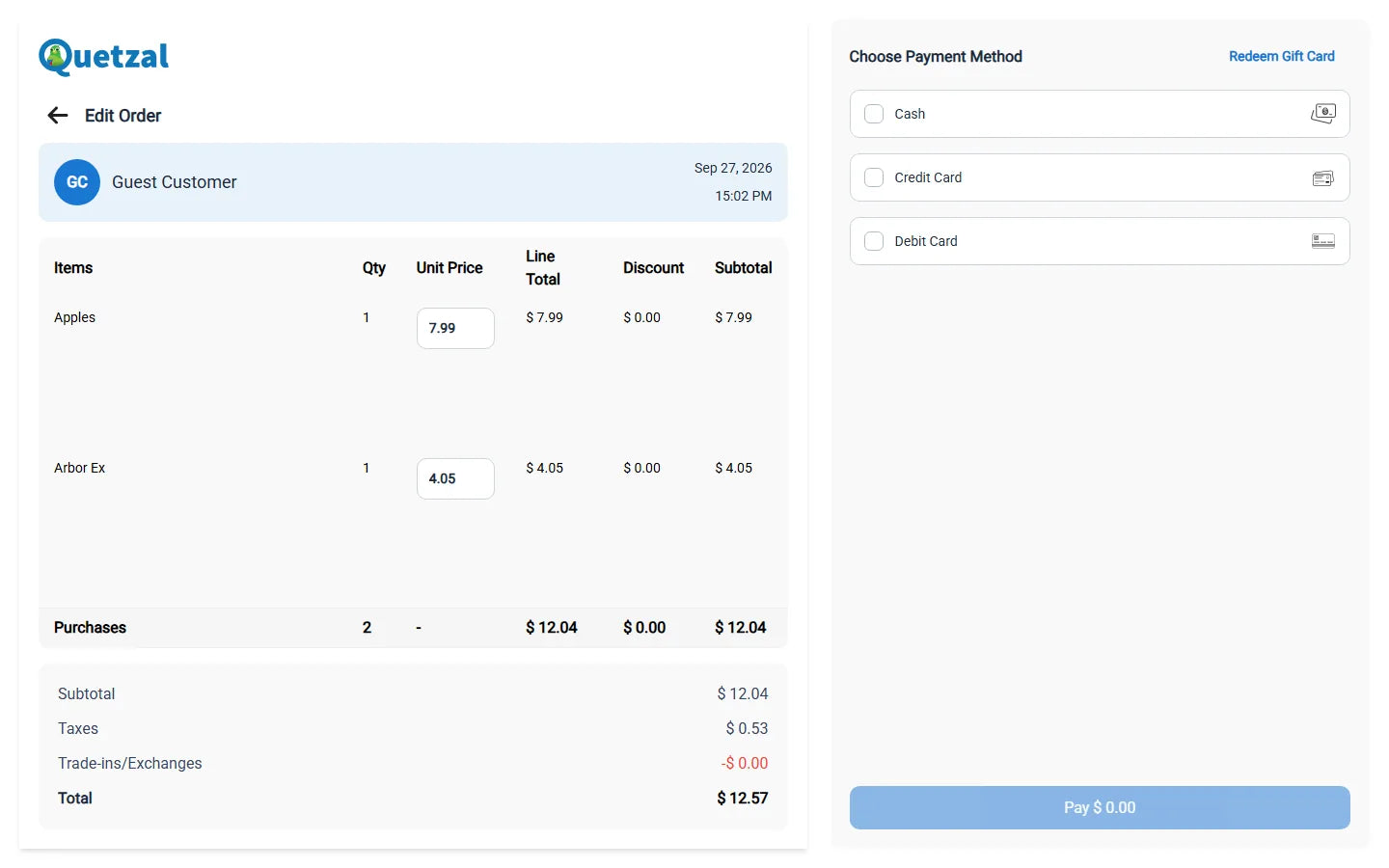 Quetzal POS checkout screen with split payment options
