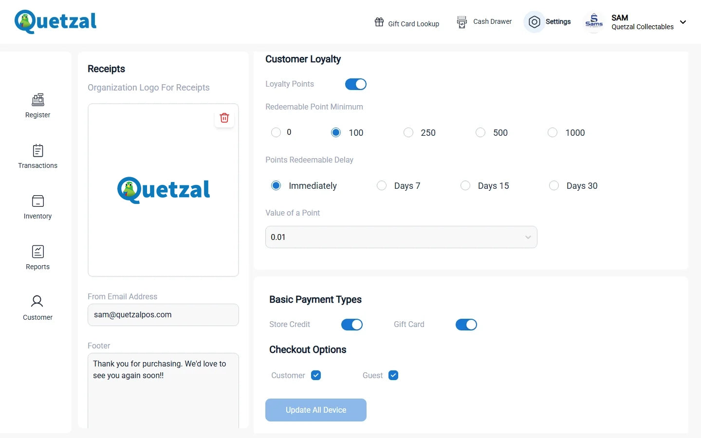 Loyalty settings in Quetzal POS