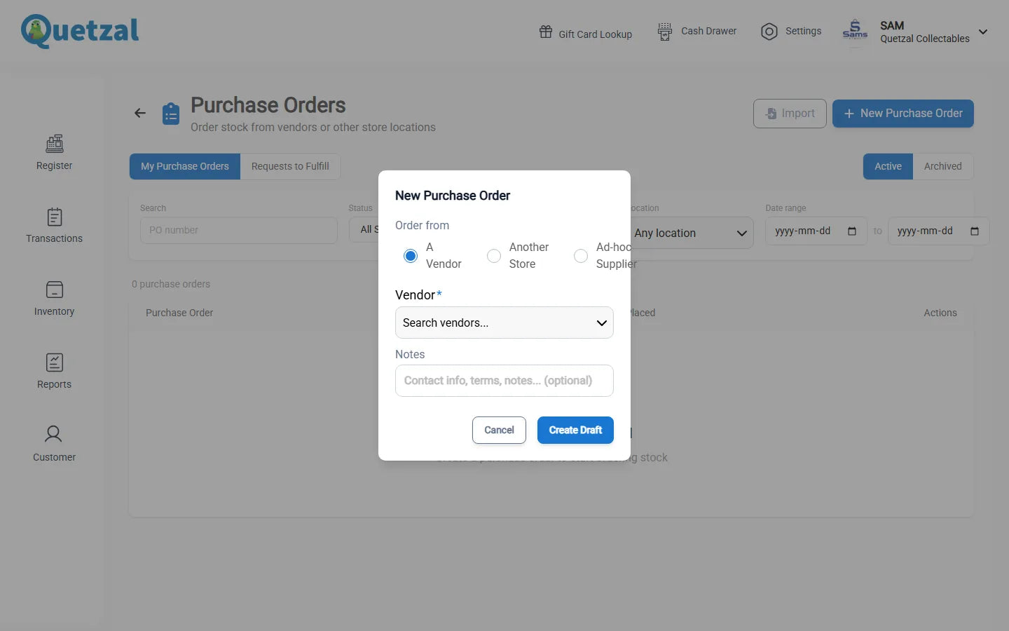 Purchase order in Quetzal POS