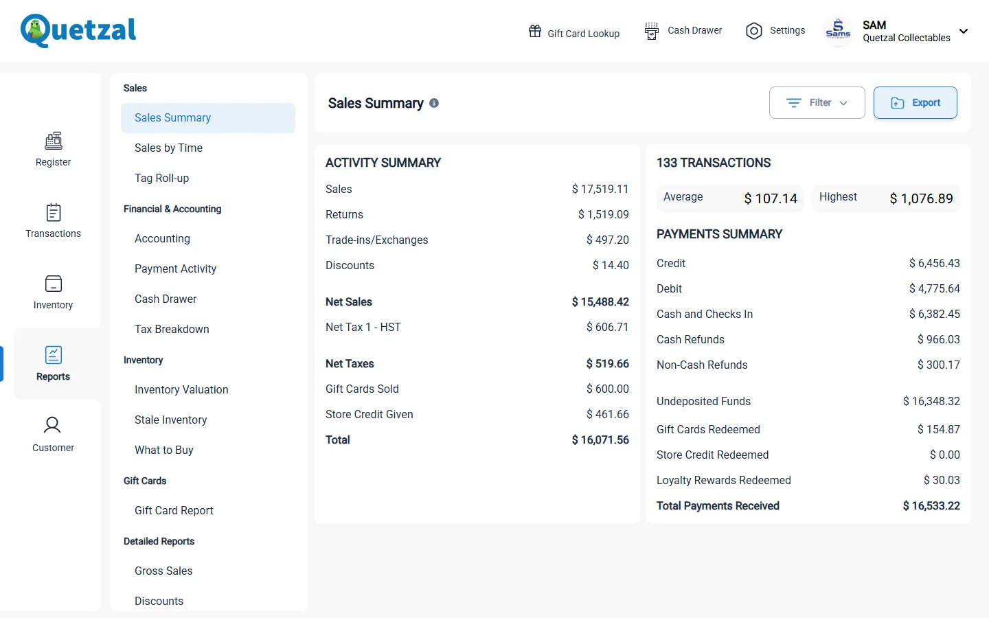 Quetzal POS sales summary report