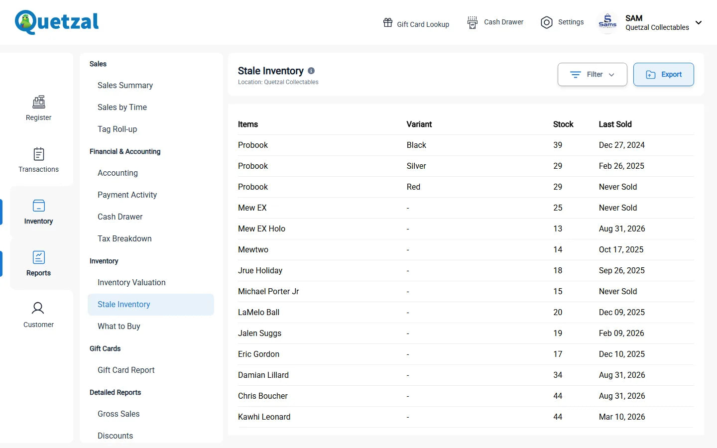 Stale inventory report in Quetzal POS