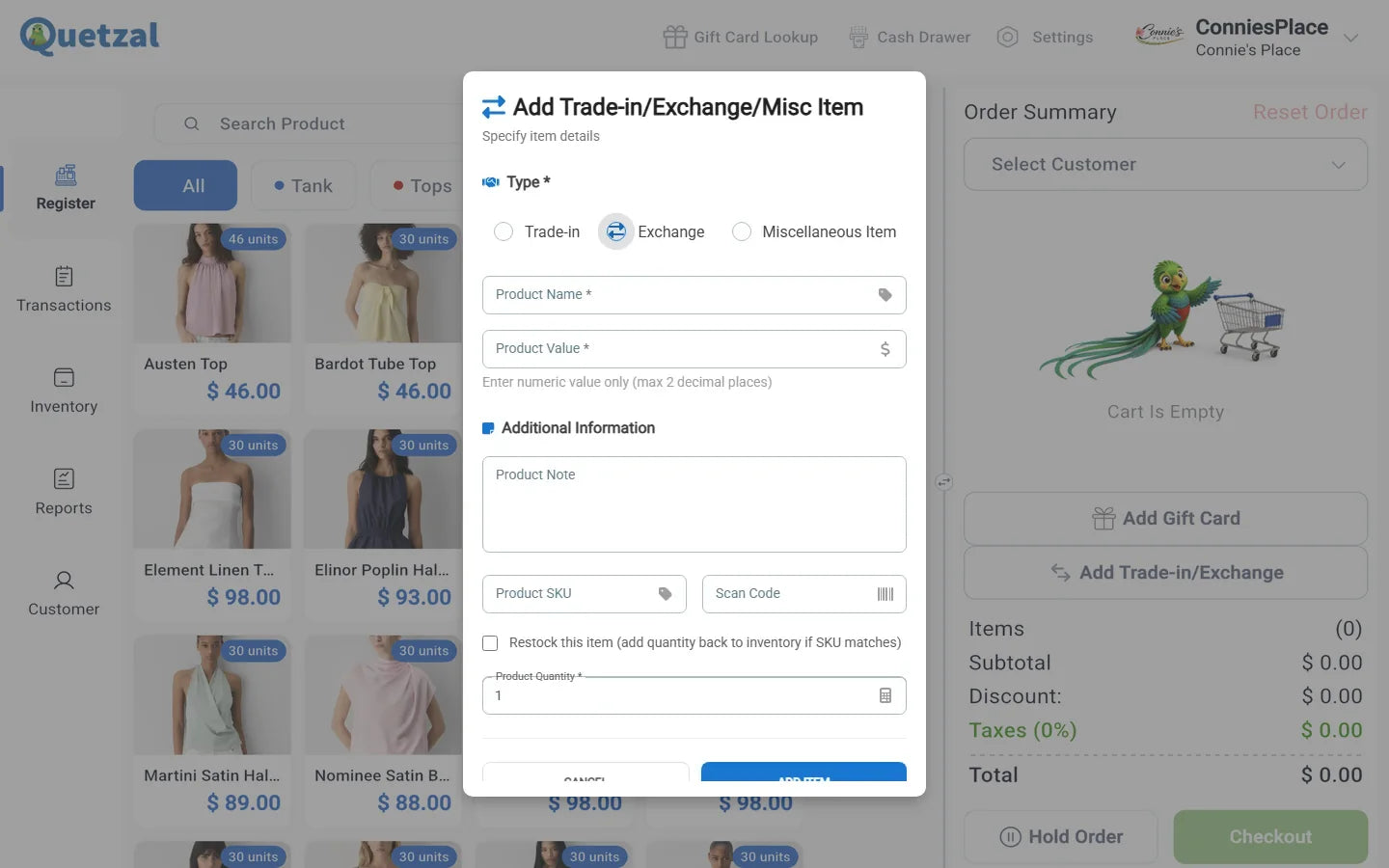 Trade-in, exchange and misc item dialog in Quetzal POS