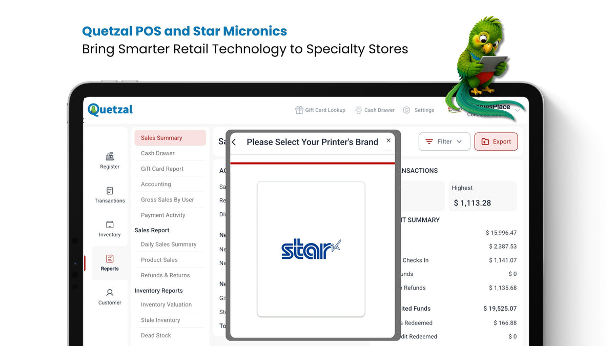Quetzal POS and Star Micronics: dashboard screen with printer brand selection popup