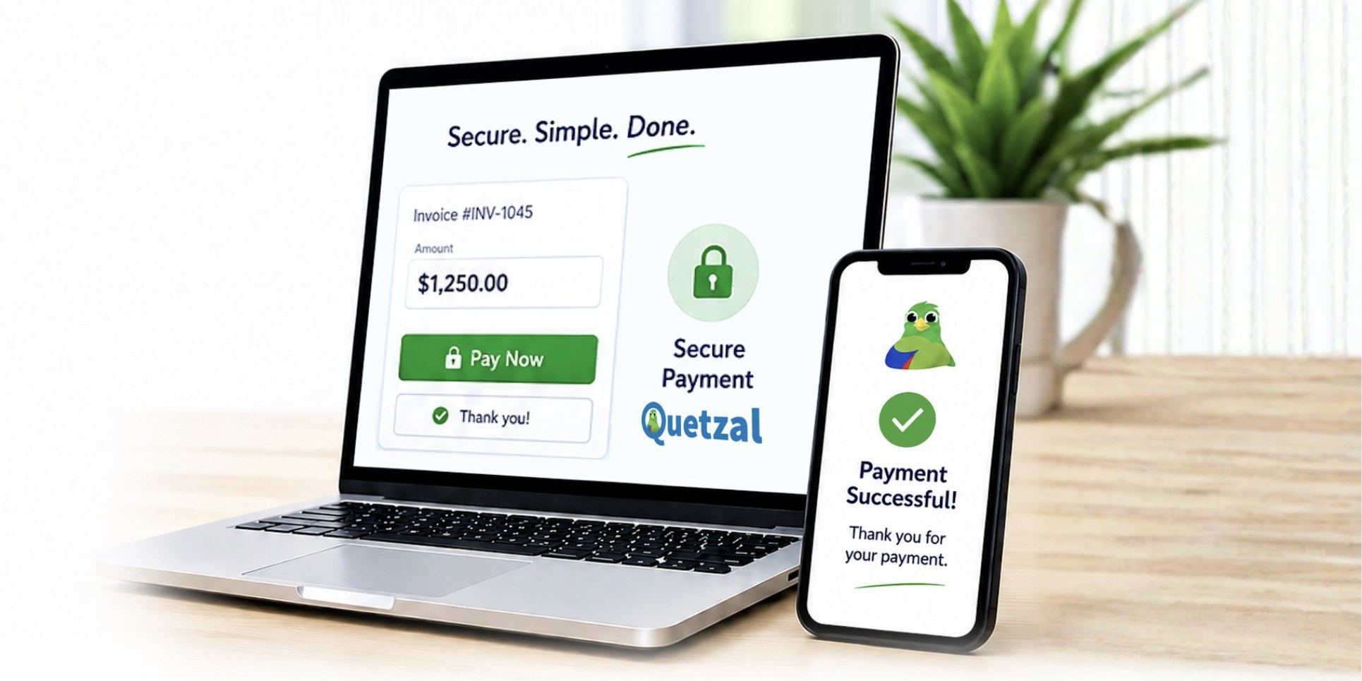 Quetzal Pay secure payment screen on a laptop and phone