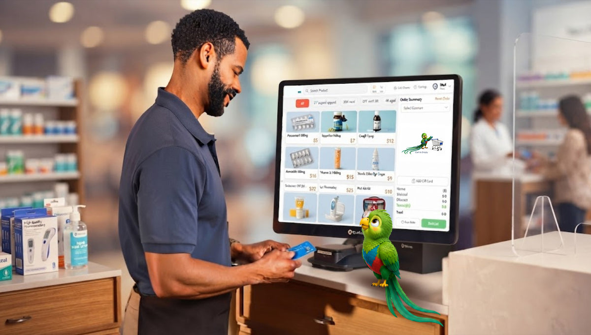 Pharmacy worker using Quetzal POS touchscreen showing product grid and order summary
