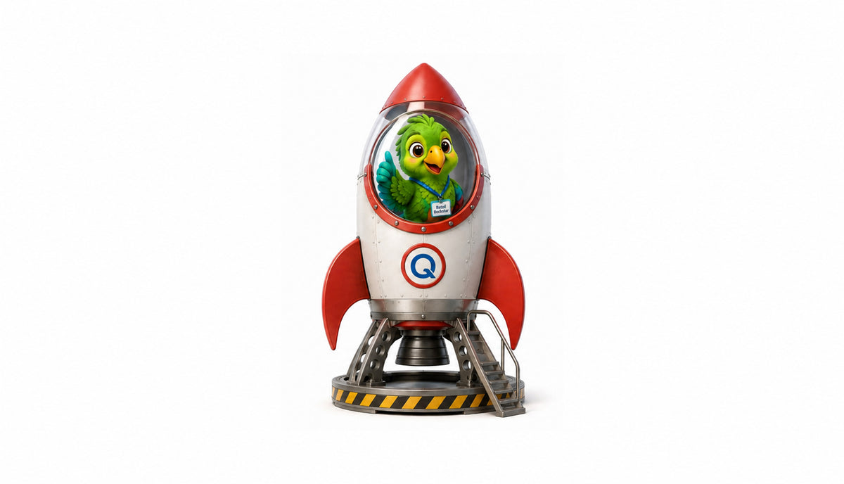 Cartoon green parrot mascot riding in a toy rocket ship with Q logo