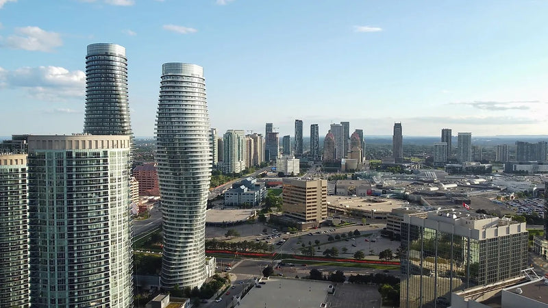 Aerial view of Mississauga skyline with the curved Absolute Towers and downtown buildings