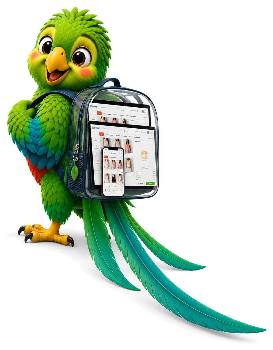 Quetzal mascot carrying an iPad and phone running Quetzal POS