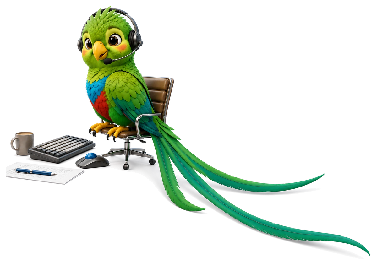 Quetzal support mascot wearing a headset