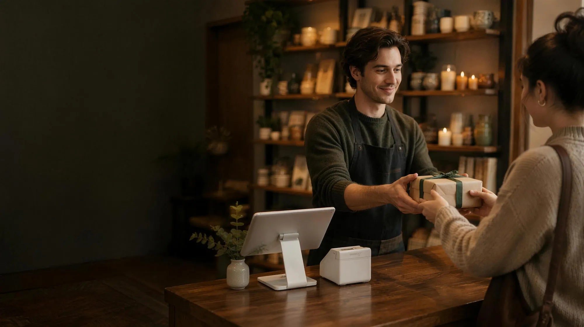 Gift shop cashier handing a wrapped gift to a smiling customer, with an iPad point-of-sale on the counter